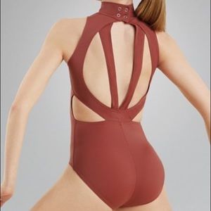 Burnt orange cutout back mock neck leotard